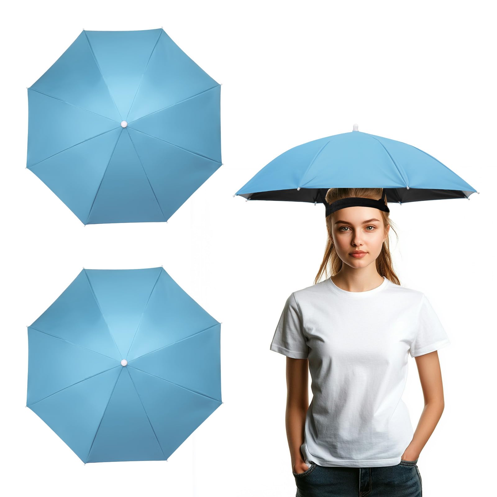 YELARXI Umbrella Hat, Fishing Hat Hands Free Waterproof Adjustable Sun Rain Cap Hat with Elastic Band Fit for Women Men Fishing Camping Gardening Beach Sunshade Outdoor(2 Pack, Sky Blue)