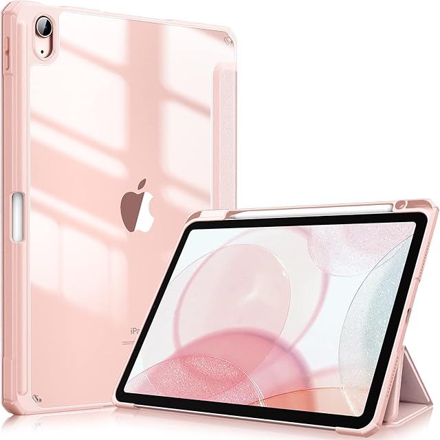 FINTIE Hybrid Case Compatible with iPad Air 5th Generation (2022) / iPad Air 4th Generation (2020) 10.9 inch - Slim Clear Back Cover with Pencil Holder, Auto Wake/Sleep, Rose Gold