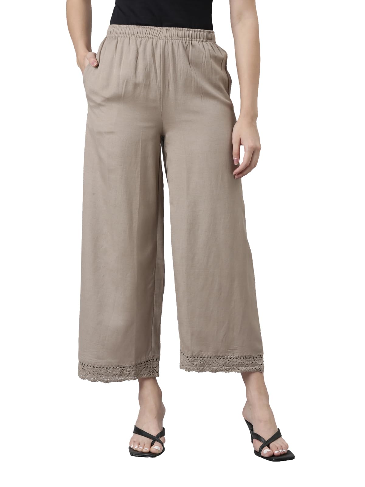 Go Colors_Women_Linen Lace Palazzo_Khaki_XL