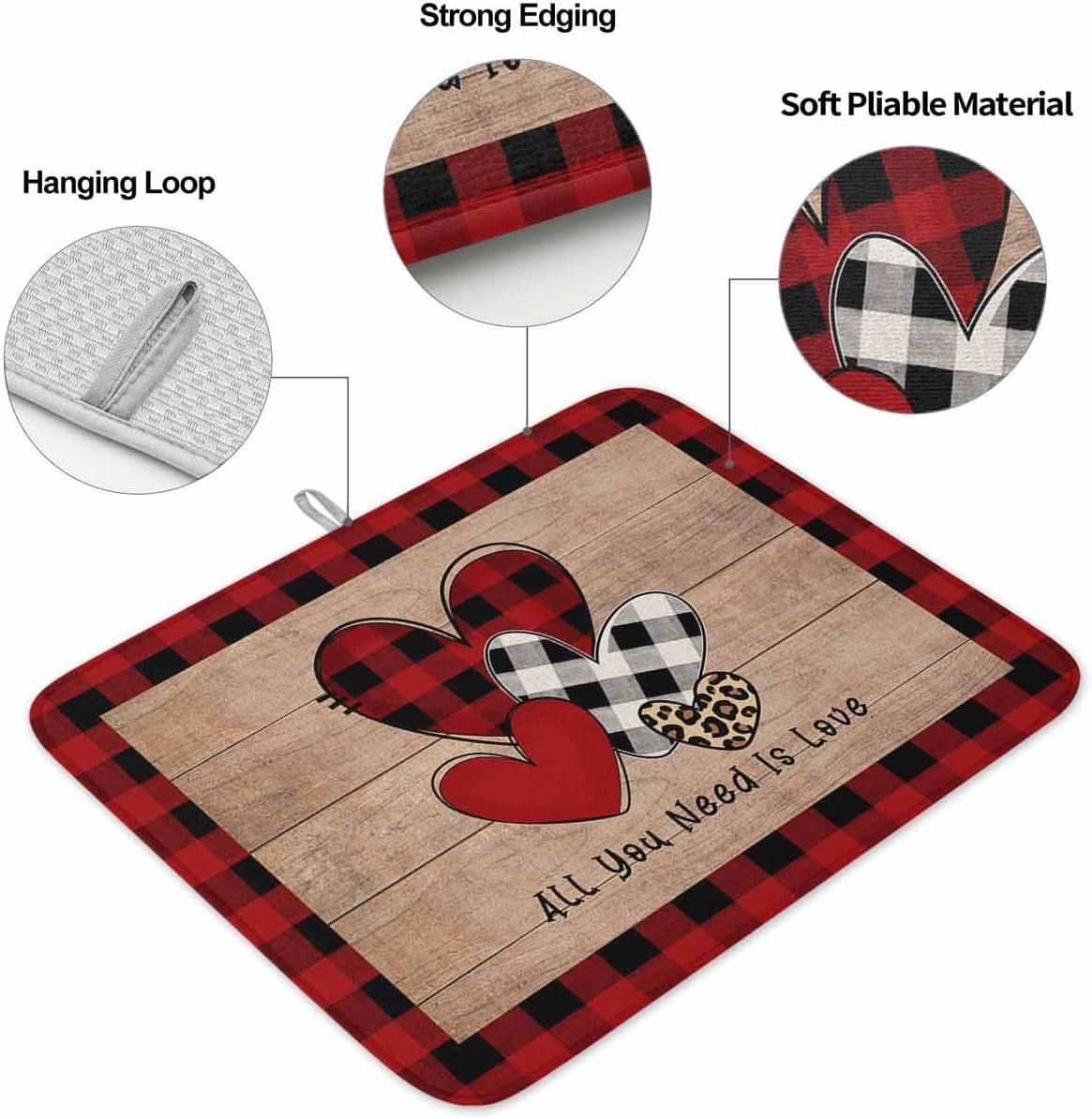 St. Patrick's Dish Drying Mat for Kitchen Counter Day Lucky Shamrock Black Buffalo Plaid Absorbent Microfiber Quick Dry Pad Non Slip Drainer Mats 18x24 Inch, 2 Pack
