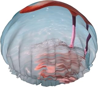 Flamingo in Water Printed Shower Cap for Women Waterproof Bath Caps Reusable Double Layered Shower Hat Bathing Shower Caps for Men Ladies Spa Salon