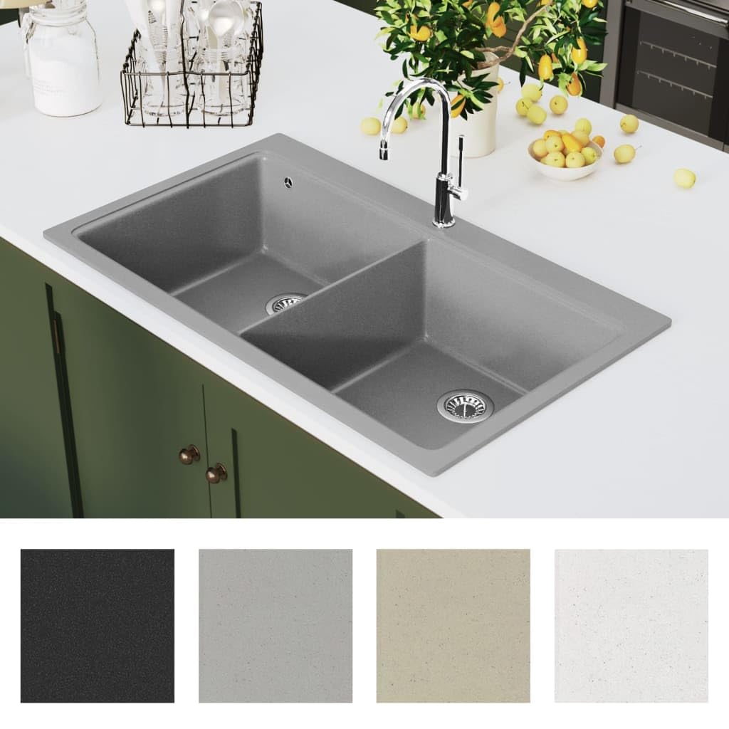 Fregadero encastrable de Granito Gris de Dos cubetas Fregadero de Granito para a Partir Mueble Bajo