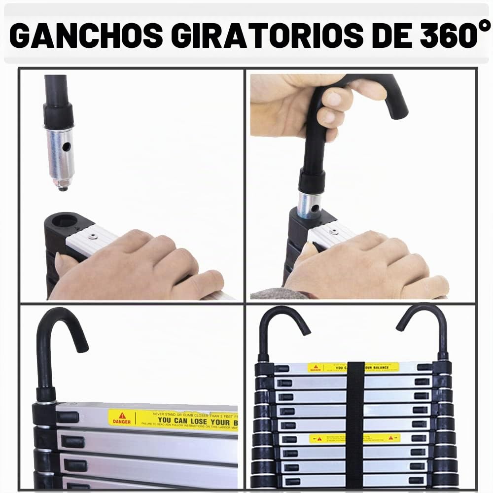 Escalera telescópica de aluminio de 6,2 m con 2 ganchos, 15 peldaños, capacidad de carga de 150 kg, EN131
