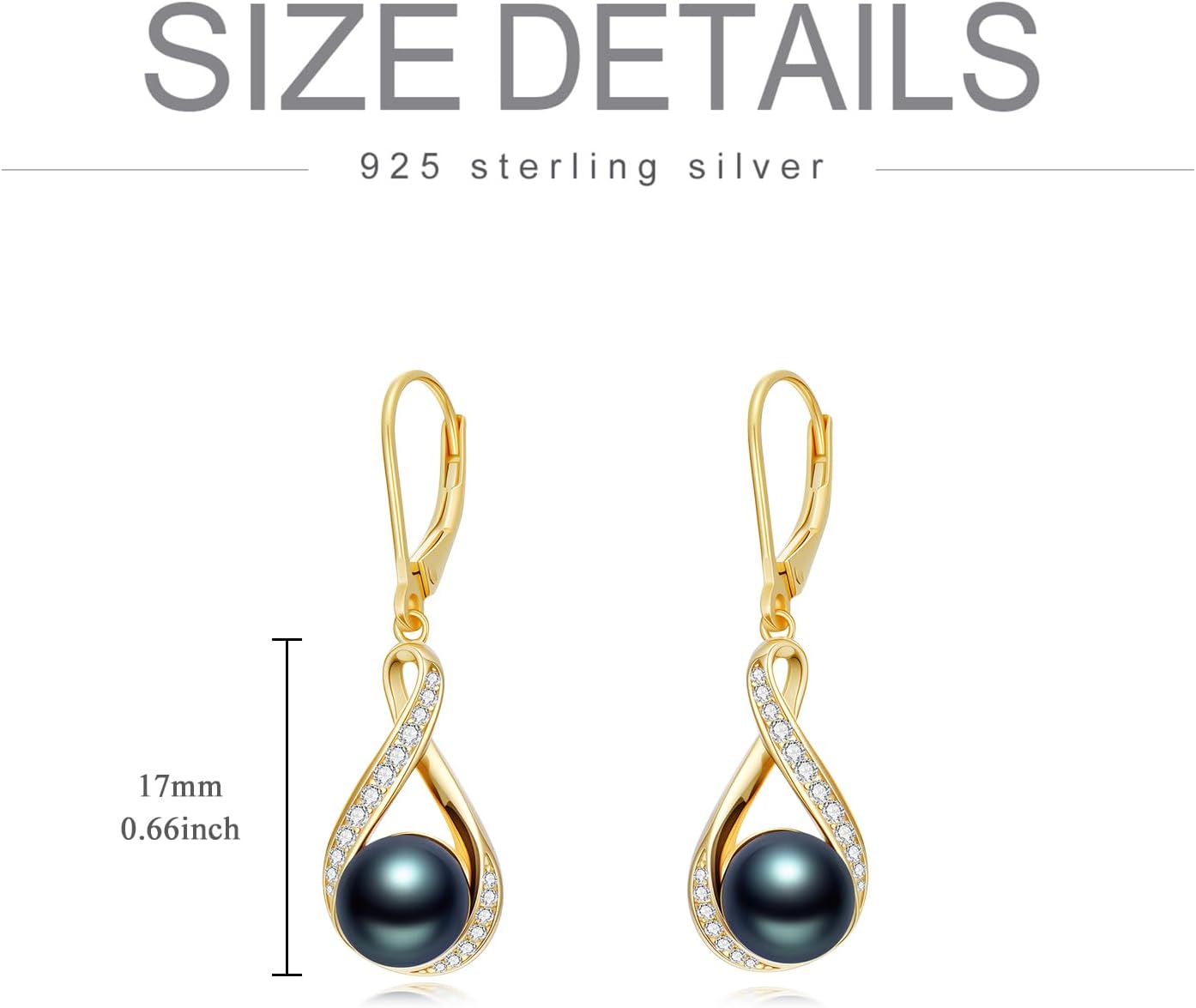 8MM Infinity Black Pearl Leverback Earrings for Women Sterling Silver 18K Gold Plated Black Pearl Drop Earrings Gift for Mother’s Day Mom Her