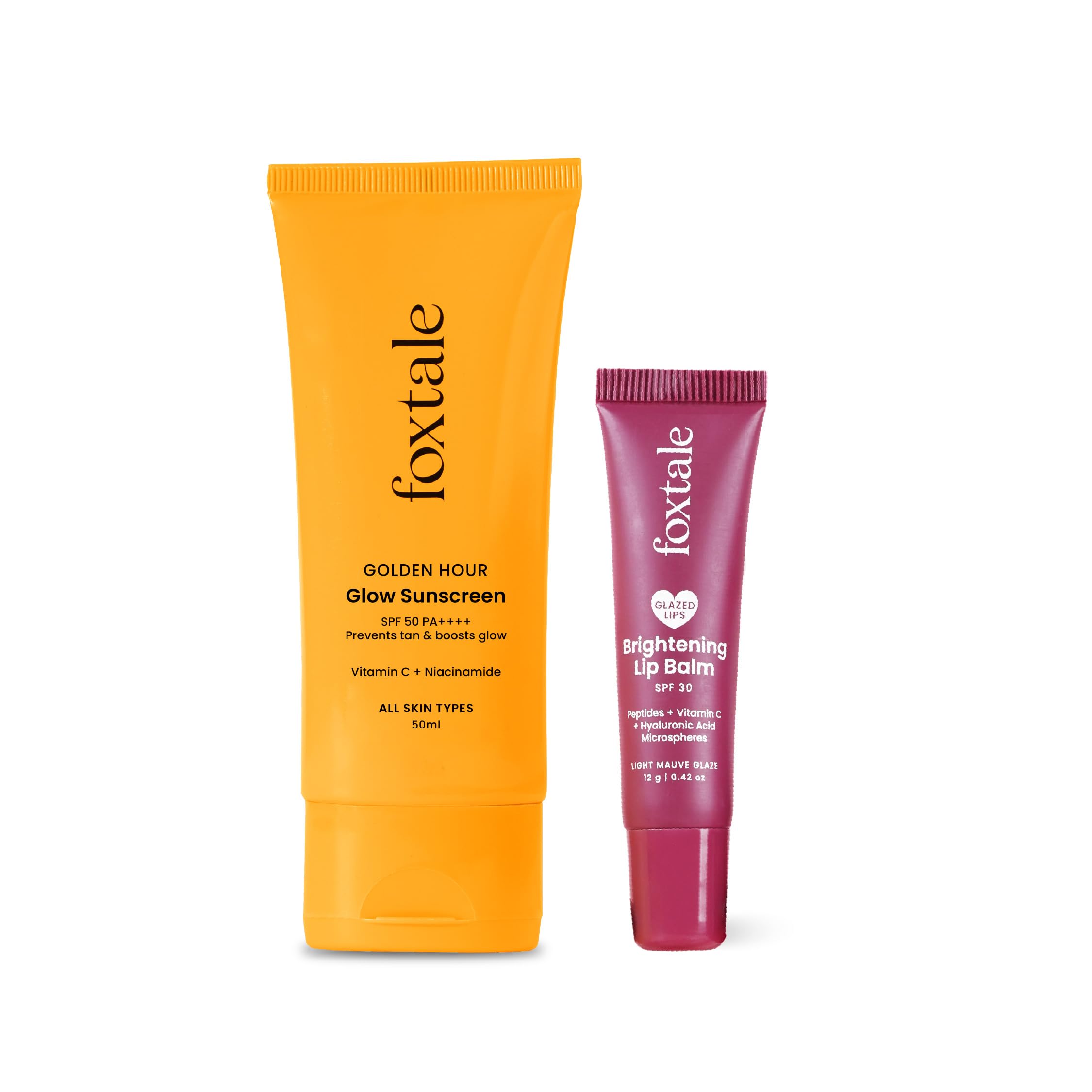 Foxtale SPF Power Pair | SPF 50 Glow Sunscreen & SPF 30 Brightening Lip Balm | Broad Spectrum UV Protection | Prevents Tanning & Pigmentation | Hydrates & Brightens Skin & Lips | With Vitamin C, Niacinamide, Peptides & Hyaluronic Acid | Lightweight, Non-Greasy, No White Cast | Daily Face & Lip Sun Protection