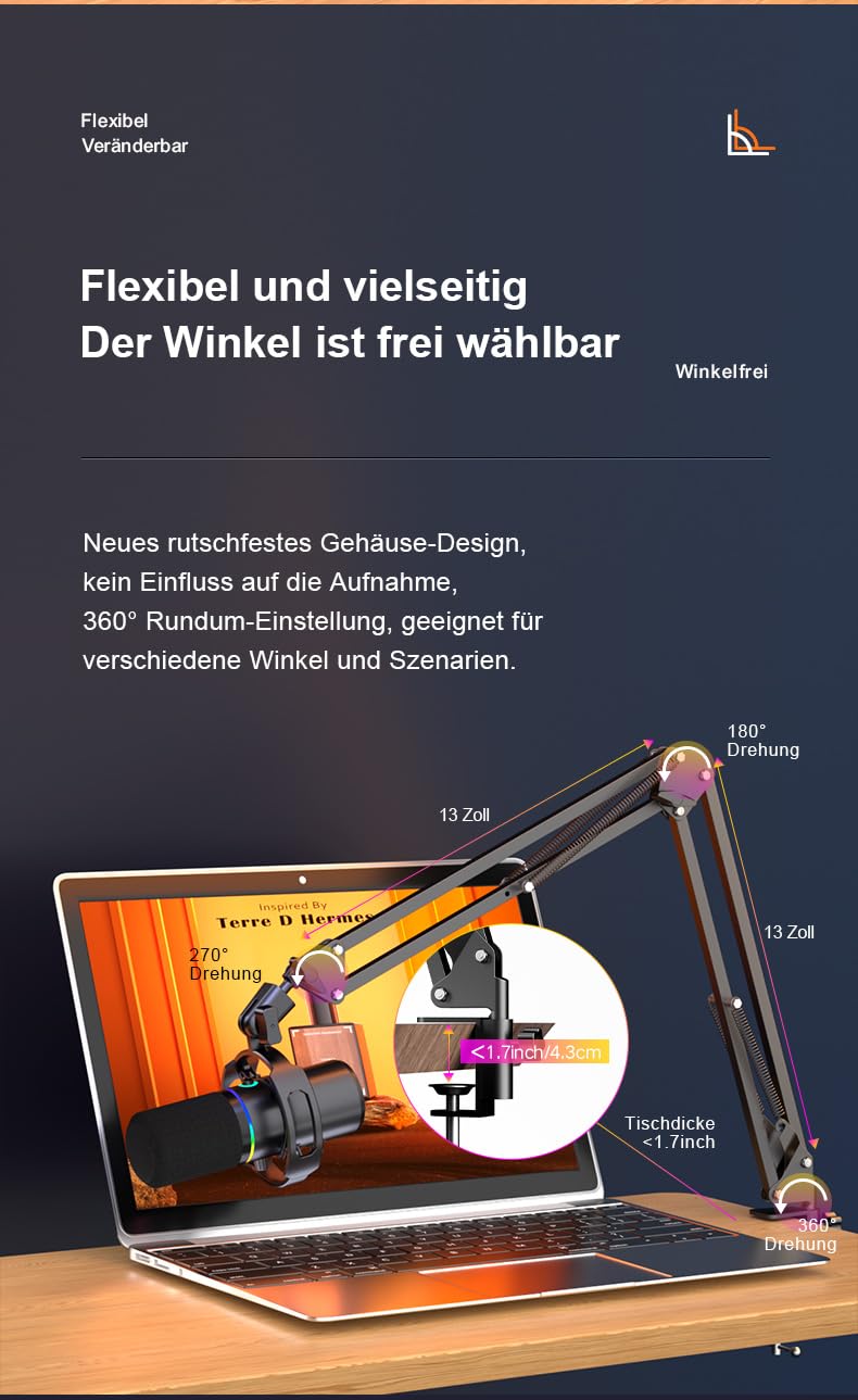 KO-Star M-690 Dynamisches Mikrofon mit Schwenkarm – USB-C & XLR, Niere (Cardioid), 192 kHz/24 Bit, Monitoring, Gain & Lautstärke-Regler, Mute/Noise-Reduction, RGB
