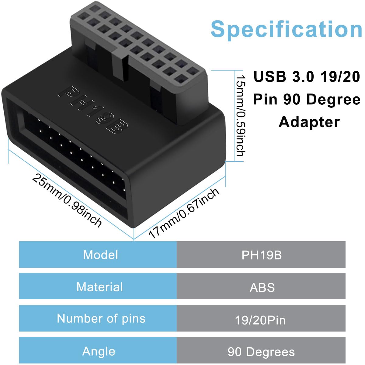 2 szt. Płyta główna USB 3.0 19/20 Pin 90 Degree Adapter, męski do żeńskiego typu L Turn Right Angle Socket Extension Adapter, do płyty głównej komputera stacjonarnego (Down Angle PH19B)