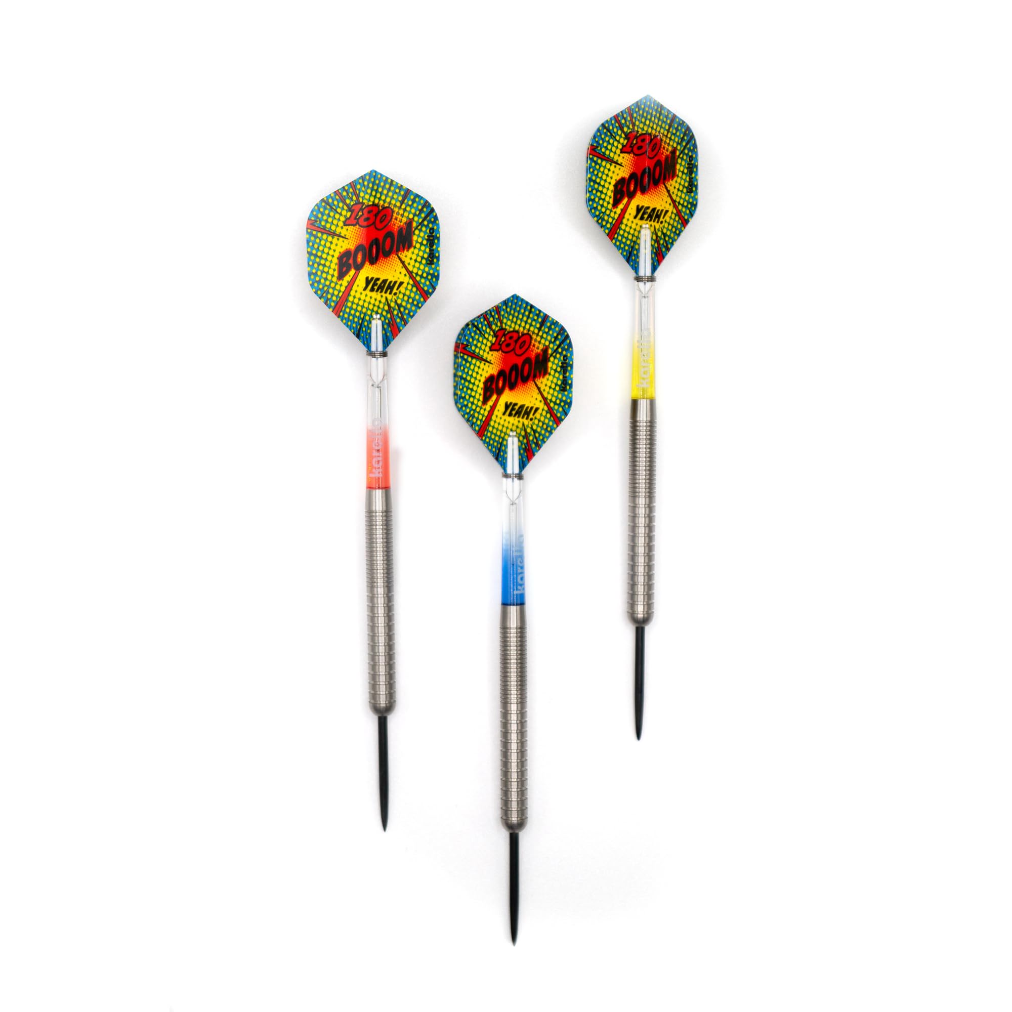 Karella Darts Comic-Line 80% tungsteno, freccette professionali in acciaio, 5 modelli, 21 – 24 g, fusti in policarbonato indeformabili, alette da 100 mic. Freccette con fusti di ricambio e scatola in