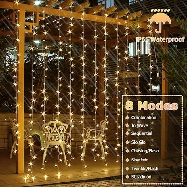 600 LED Solar Curtain Lights Outdoor Remote Control Gazebo 8 Modes Waterproof Waterfall Fairy String Window Wall Hanging Solar Patio Outside Wedding Party Christmas Decor, Warm