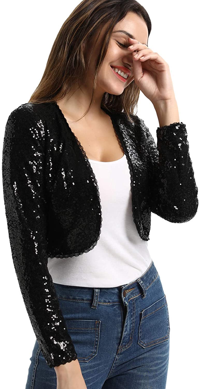 PINK WINGS Women's Sequin Jacket Long Sleeve Front Glitter Cropped Blazer Shrug