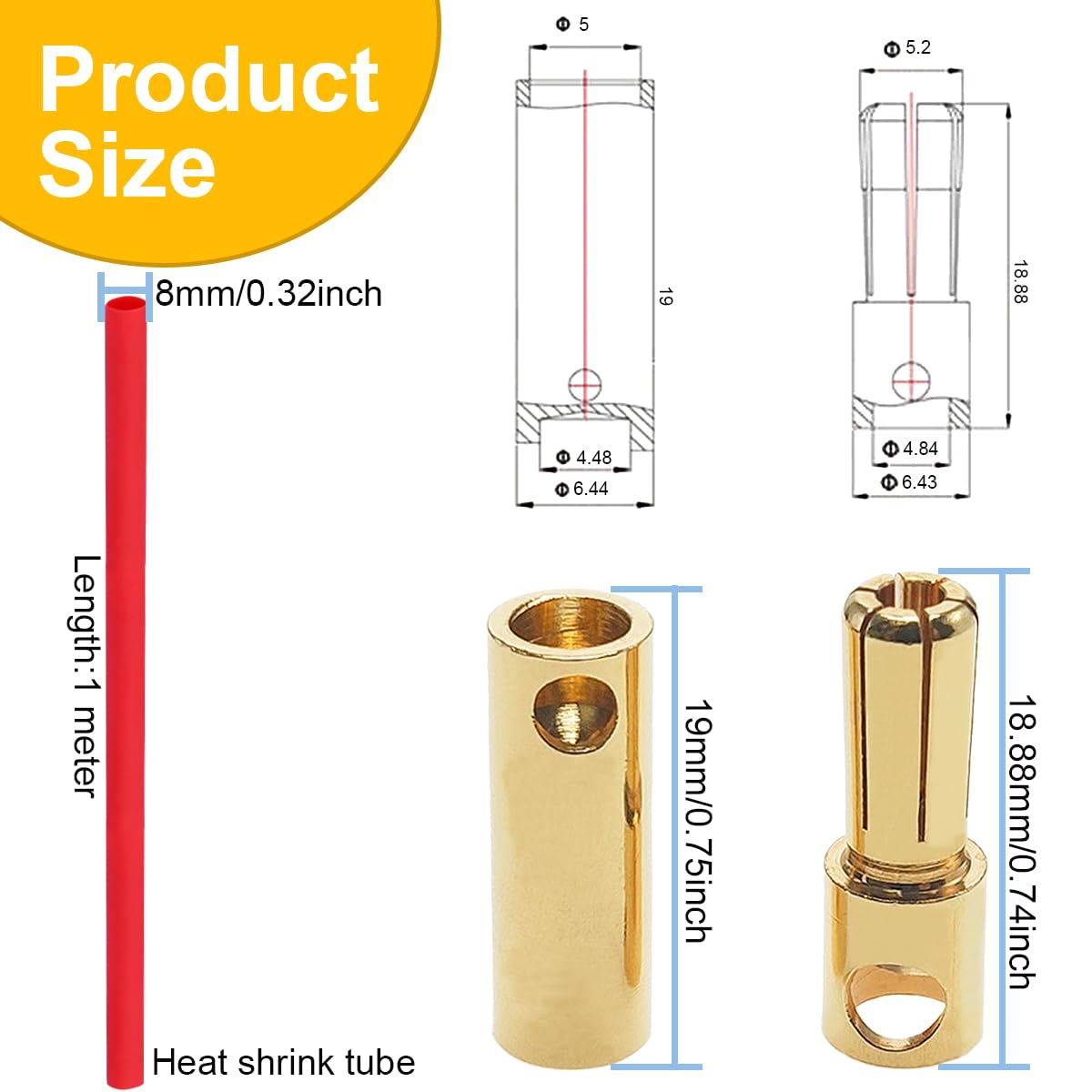 40 connettori banana proiettile placcati in oro da 5 mm Adattatore connettore banana proiettile da 5,0 mm maschio-femmina, per batteria Lipo RC, ESC motore, RC fai da te