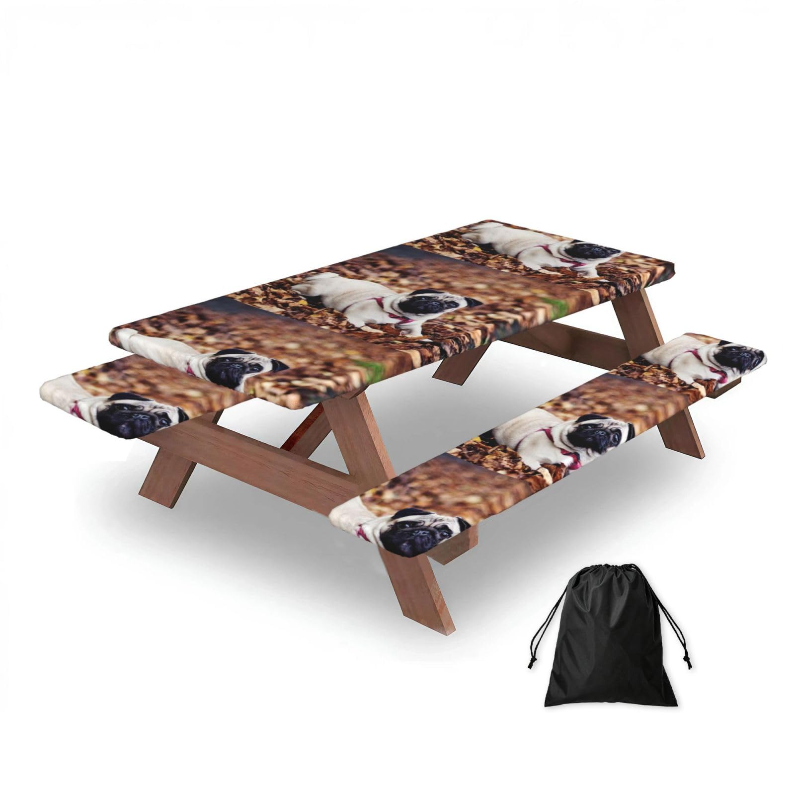 Dopklna As Picture Pug Puppy, Picnic Table Cover With Bench Covers -Waterproof Elastic Fitted Tablecloth For Garden Camping Patio 76X152cm