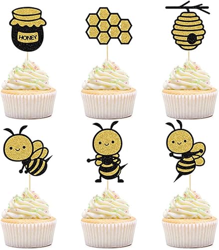 Morndew 24 adornos para cupcakes de abejorros con purpurina para fiestas temáticas de abejas, revelación de género, baby shower, fiesta de
