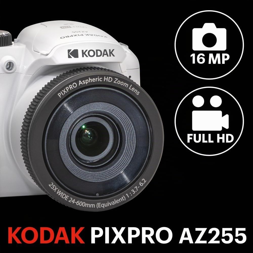 KODAK Pixpro Astro Zoom AZ255 + Scheda di memoria SD da 32 GB - Fotocamera Bridge Digitale 16 MP, Zoom 25X, Video HD 1080p, grandangolare 24 mm, schermo LCD 3, batteria AA - Bianco