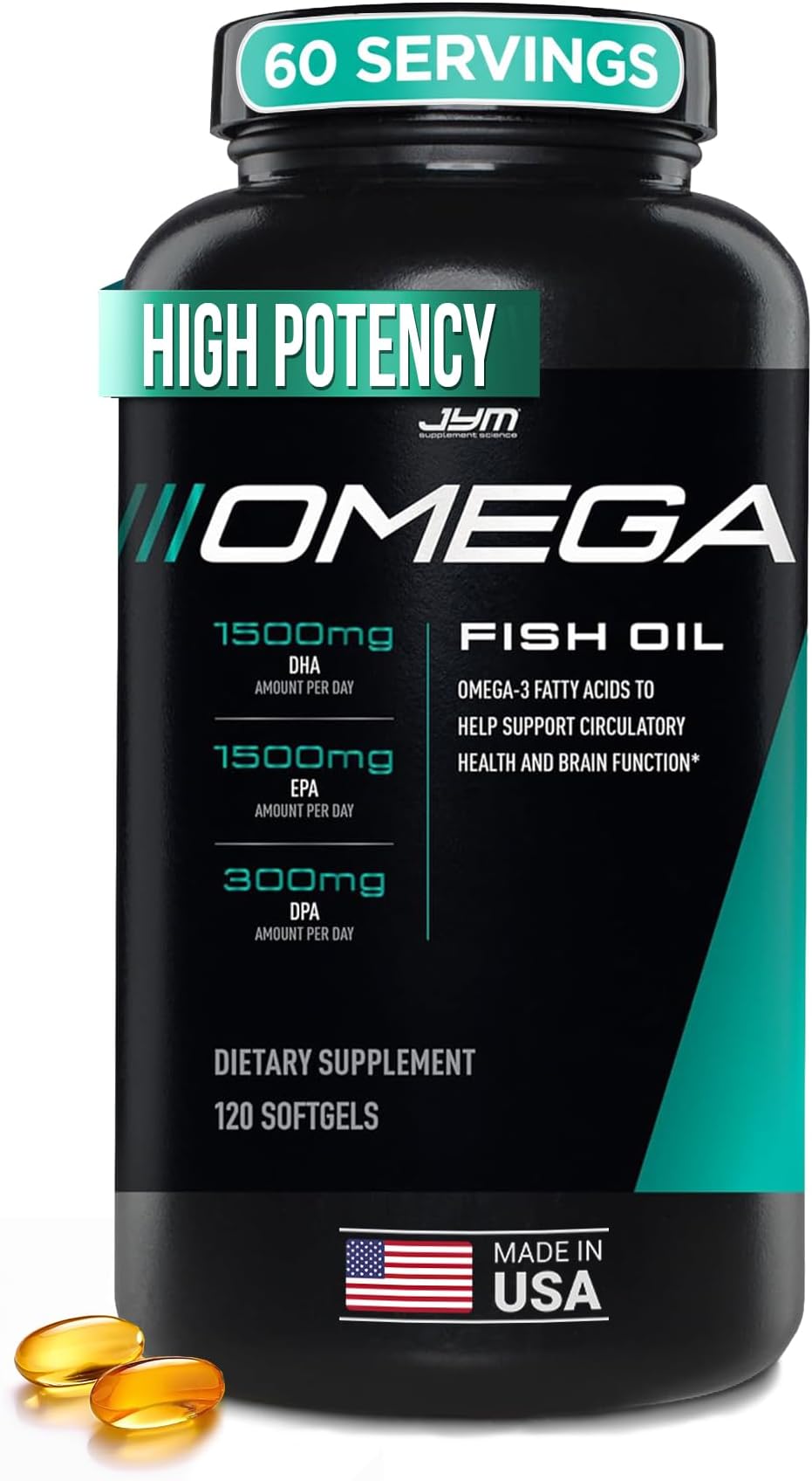 Omega JYM Fish Oil 2800mg, High Potency Omega 3, EPA, DHA, DPA for Brain, Heart, & Joint Support 120 Soft Gels