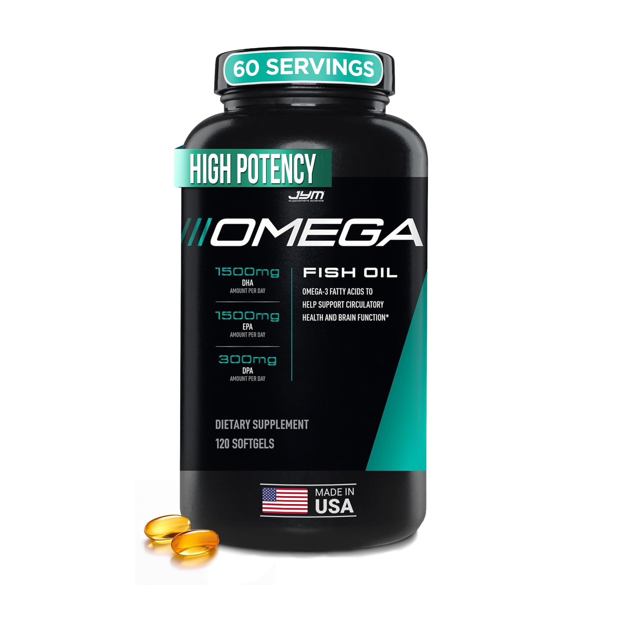 Omega JYM Fish Oil 2800mg, High Potency Omega 3, EPA, DHA, DPA for Brain, Heart, & Joint Support 120 Soft Gels