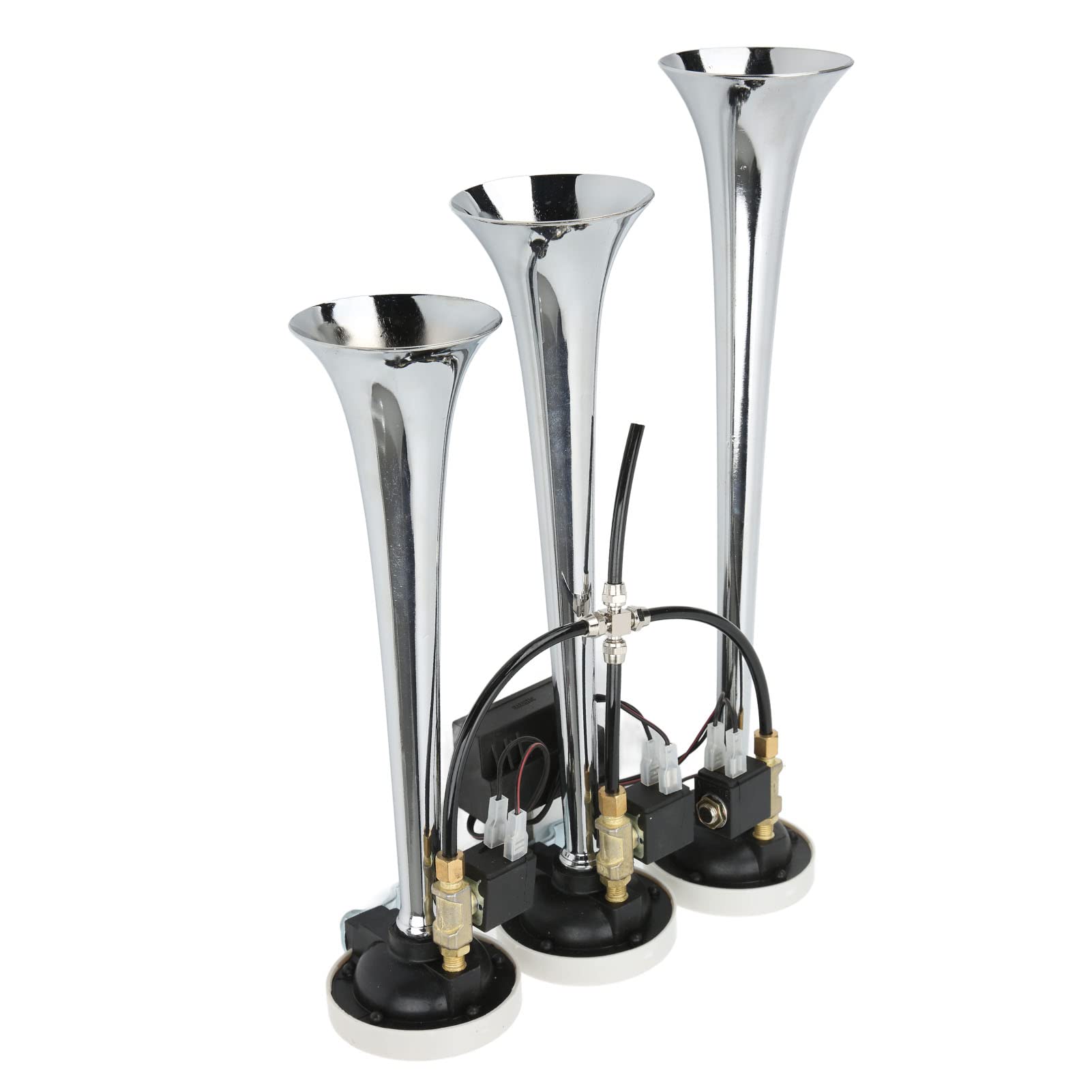 Bocina de Aire 12v / 24v Bocina de Aire de 3 Trompetas 6 Melodías Cromado 305/342/385x79 Mm DC12V / 24V para Club Cars, Camiones, Yates