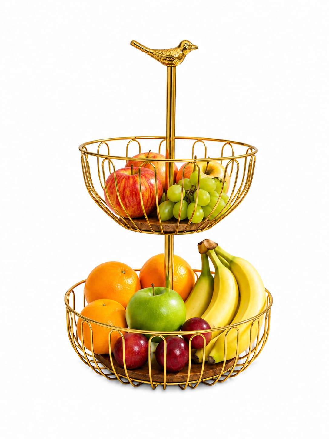2 tier metal fruit basket for dining table | golden fruit & vegetable holder bowl with wooden base | bird design table counter organizer for kitchen & home decor