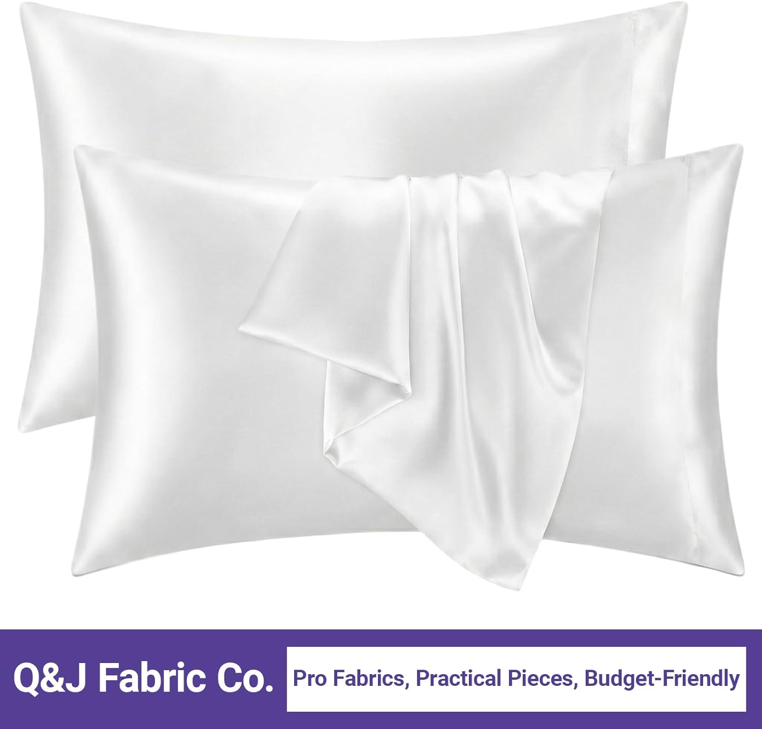 Q&J Fabric Co. Satin Pillow Cases 2 Pack, Standard Size Similar to Silk Pillow Cases for Hair and Skin, White Cooling Satin Pillowcase with Envelope Closure, 20X26 Inch