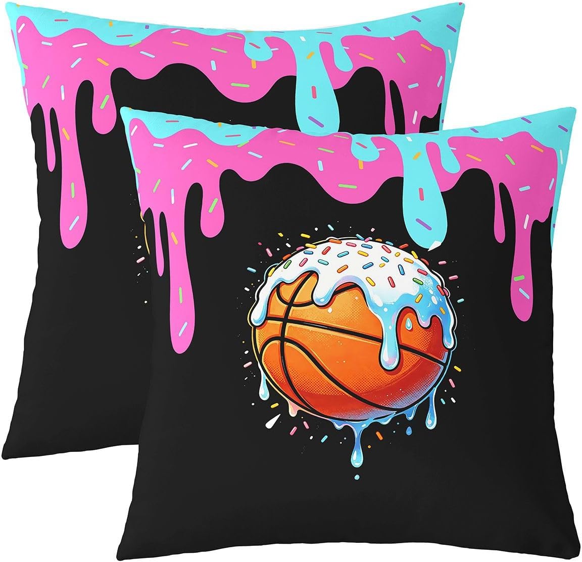 jejeloiu Basketball Ice Cream Throw Pillow Covers Set of 4 Basketball Gaming Square Cushion Covers Sports Game Pillow Case Ball Game Cushion Case for Couch Sofa Bedroom Decor 16 x 16-Inch image 2