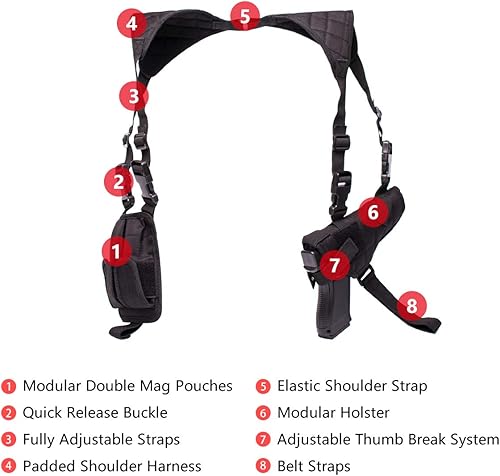 Miniatura 3 de POYOLEE Funda de hombro para pistolas, funda vertical ajustable para pistola con doble bolsa de cargador, funda de transporte oculta universal que