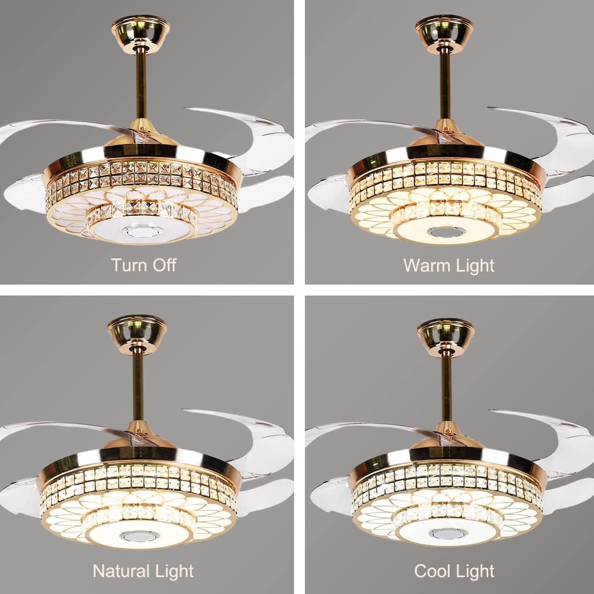42" Crystal Chandelier Ceiling Fans with Lights Remote Control, Modern Fandelier with Retractable Blade Music Bluetooth Speaker 3 Color Light 3 Speed for Dining Room Bedroom Living Room, Gold