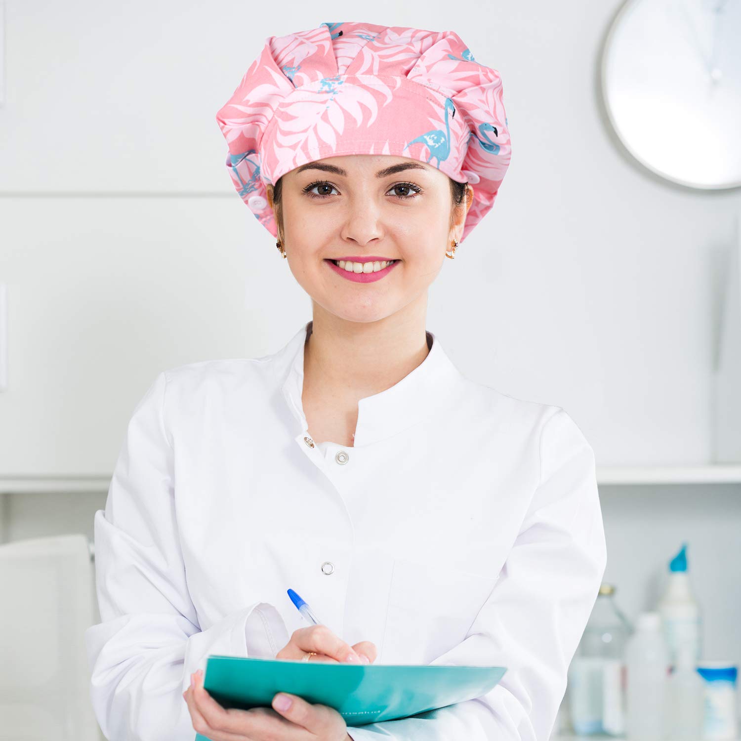 SATINIOR 6 Pieces Bouffant Caps with Buttons Elastic Bouffant Turban, Nursing Surgical Cap Printed Scrub Working Hats(Animal)