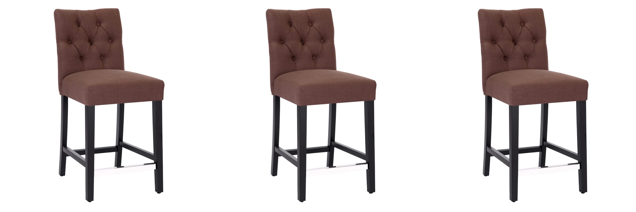 WO Upholstered Bar Stool Set of 3 Pcs - 24 inch Linen Upholstered Barstools w Matte Black Legs Stool for Home Furniture, Décor Kitchen Island, High Counter, Bar (Brown)
