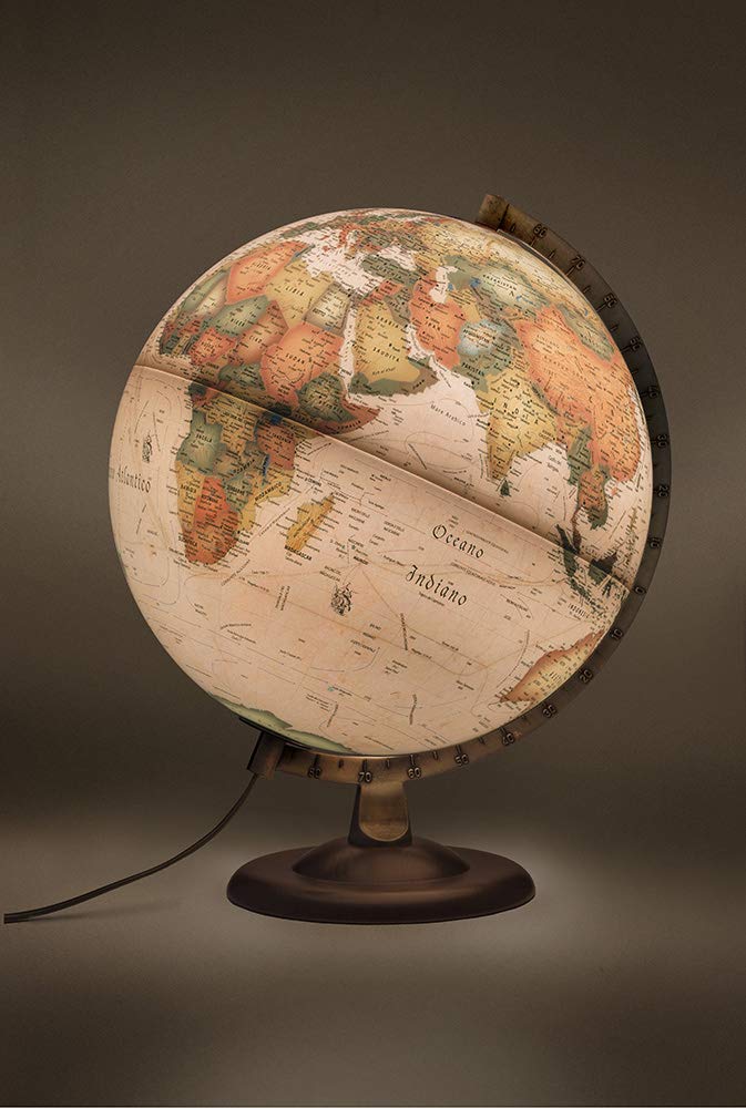 Tecnodidattica - Mappamondo Atmosphere A4, Luminoso, Girevole, Base in Legno di Faggio scurito e meridiano graduato in Metallo, cartografia Stile Antico, Diametro 30 cm