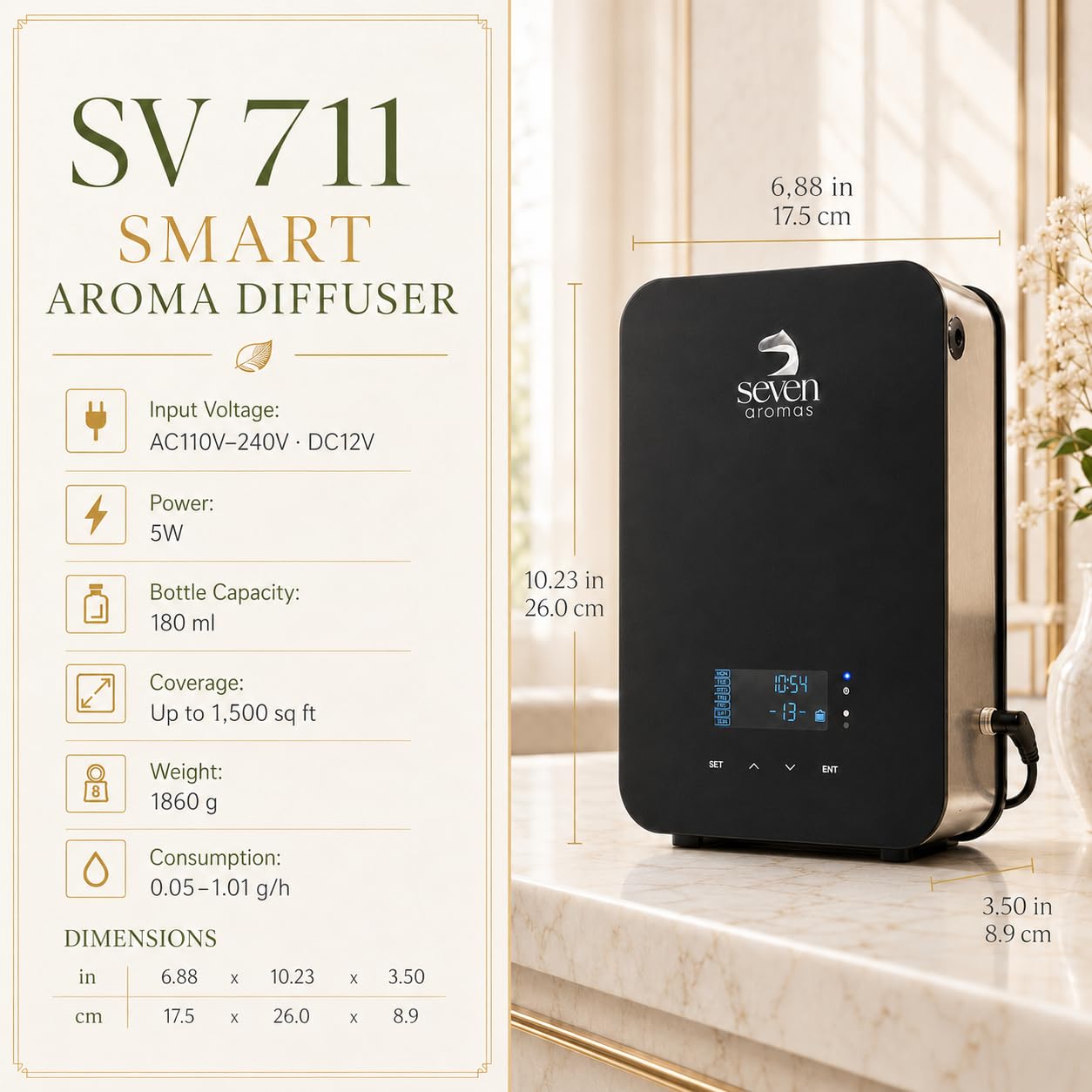SevenAromas SV711 - Difusor de aroma inteligente para el hogar y la oficina, tecnología de aire frío, difusor de aceite esencial sin agua, cubre hasta 2,000 pies cuadrados, control de aplicación