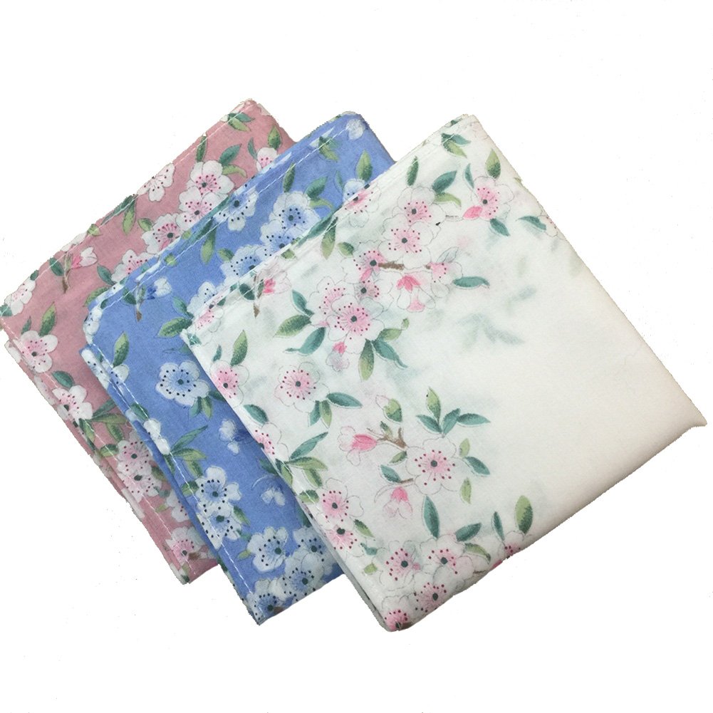Aiklin Women 100% Cotton Handkerchiefs Flower Printed Wedding Fabric Hankies 3Pack