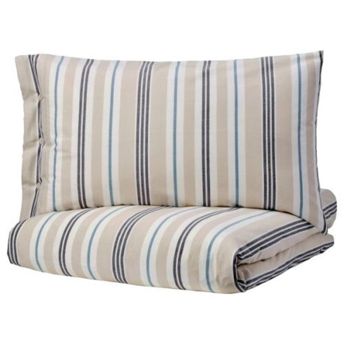 Ikea SMALSTÄKRA Duvet Cover and Pillowcase Set, Cotton, Beige/Blue Striped, 150x200/50x80 cm-image-23