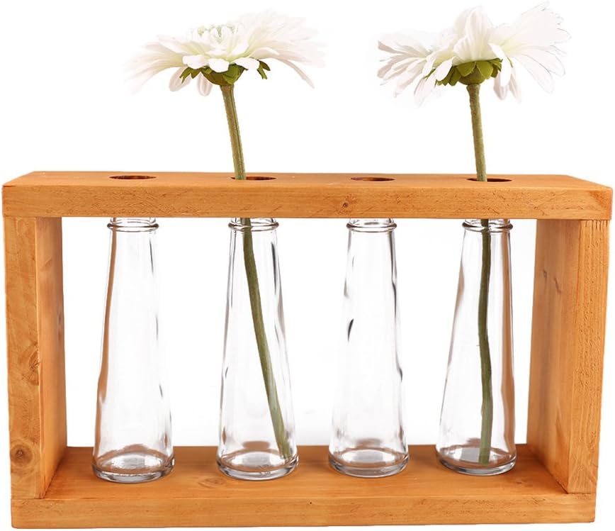 MAVENS12 Handmade Natural Wooden Vase Holder with Four Glass Vases-Light Brown