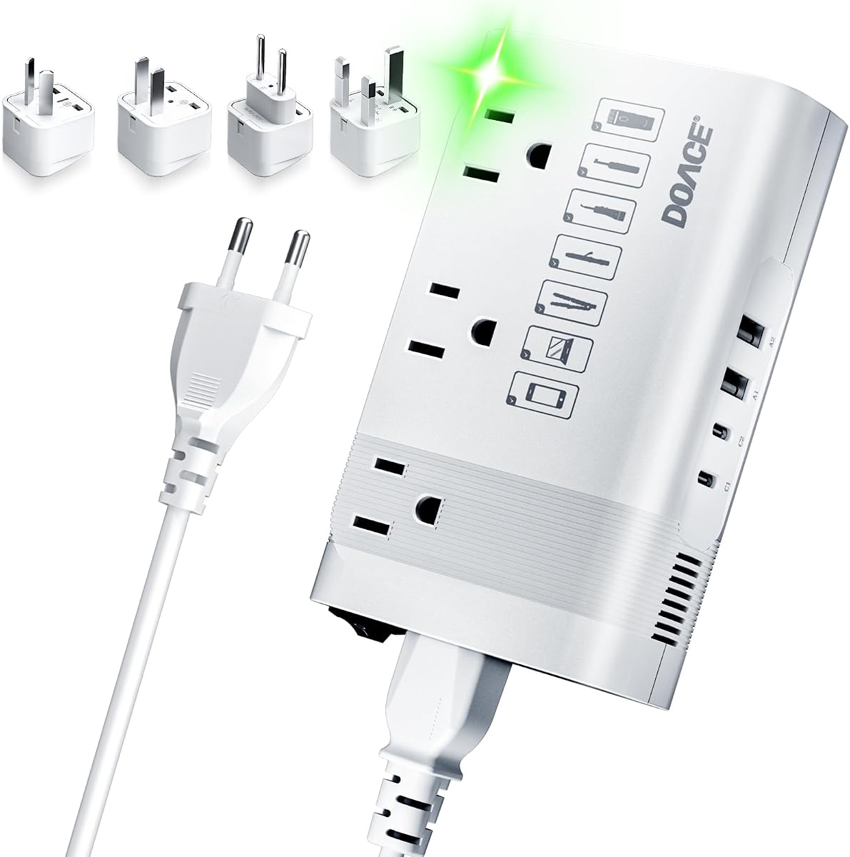 DOACE 350W Voltage Converter US to Europe for Hair Straighteners | Step Down 220V to 110V Converter for European Travel, Power Converter Adapter Combo with 2 USB A & 2 USB C Ports