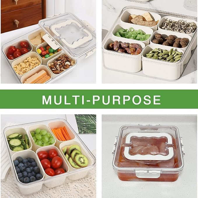 Image of Divided Veggie Tray with Lid and Handle 6 Compartment Serving Tray with Dividers Portable Travel Snack Containers Stackable Box Charcuterie Container for Fruit,Vegetable,Salad (6 Grid - 1 PC)
