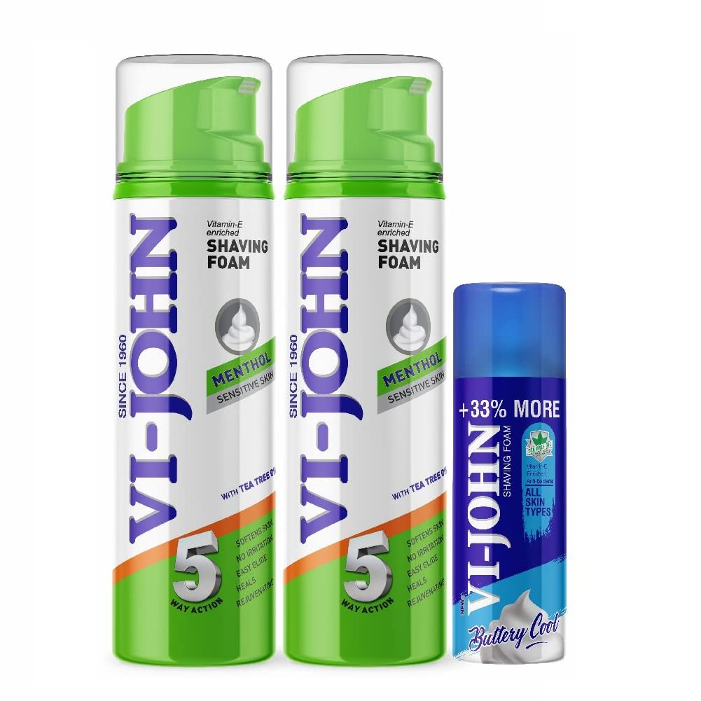 VI - JOHN Shaving Foam For Men,Menthol&All Skin Type Shaving Foam With Goodness Of Nature,Tea Tree Oil,Vitamin E Enriched And Anti- Bacterial Formula(450Gm Pack Of 3) (B0B1563G8Y) Amazon Price History, Amazon Price Tracker