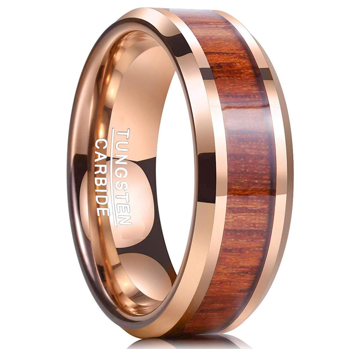 NUNCAD 4mm/8mm Anillo de Tungsteno Oro Rosa con Madera de Acacia para Hombres/Mujeres Compromiso de Boda Diario Tamaño 11.75-32.25