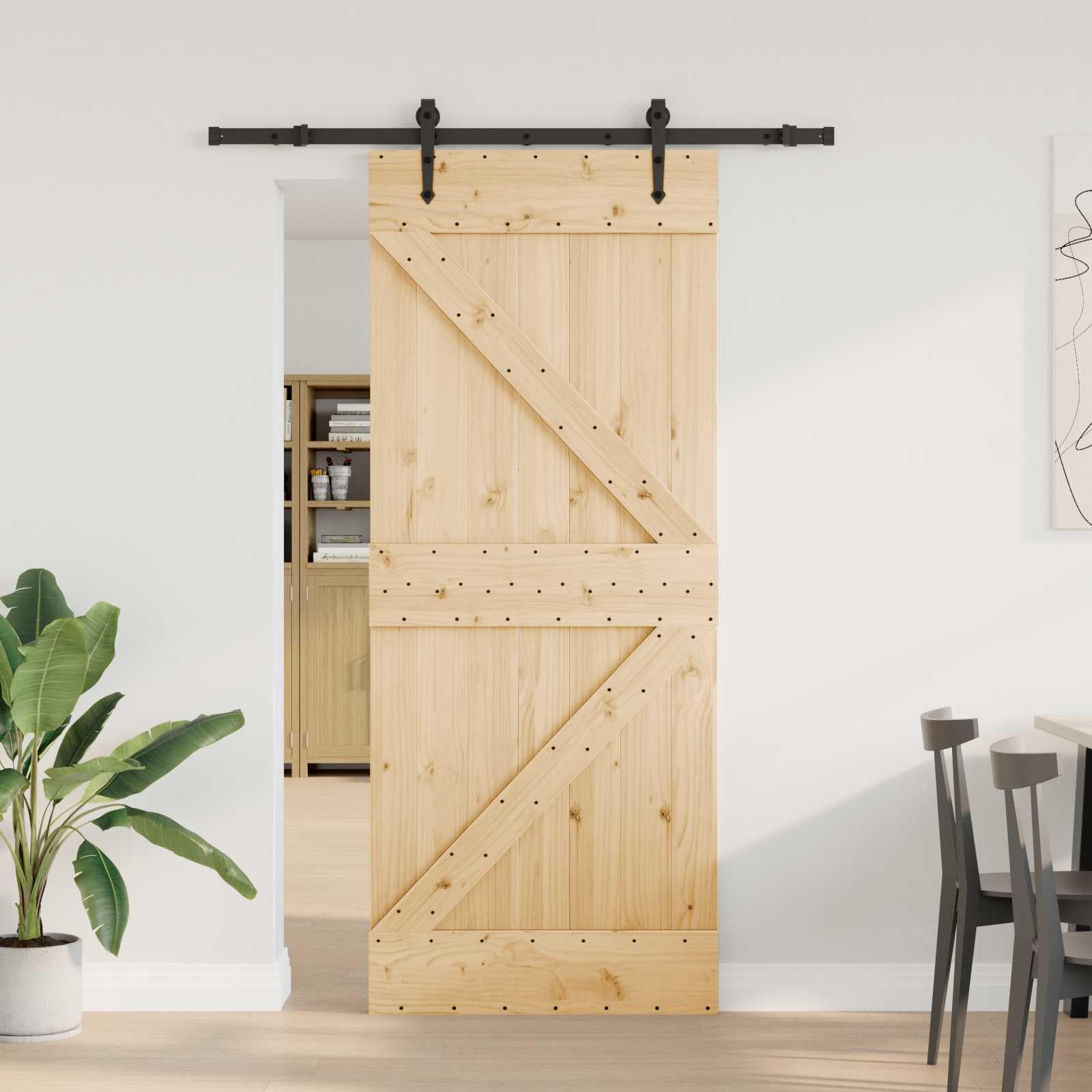 NARVIK - Porta scorrevole in legno di pino massiccio e acciaio, 152,5 x 210 cm, sistema di porta scorrevole per interni
