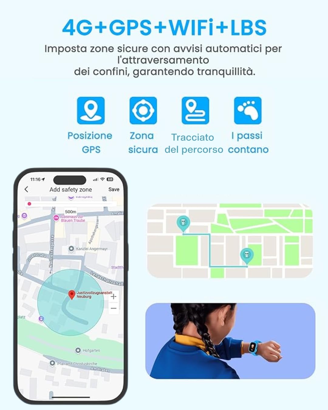 ODS | Radiocom Smartwatch 4G/Wi-Fi per bambini, Smartwatch con GPS e SOS, Chiamate e videochiamate, Chat e messaggi, Fotocamera, IP68 impermeabile, App LAGENIO, Schermo 1.7", Accessori inclusi