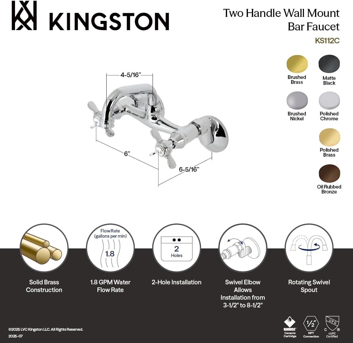 Kingston Brass KS112PB Kingston Bar Faucet, 9 x 7.88 x 6.5, Polished Brass