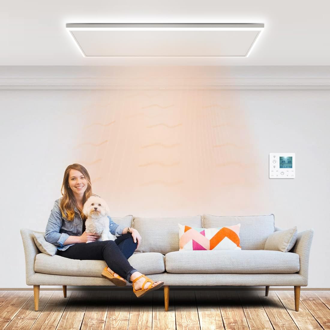 Calefacción por infrarrojos con termostato, calefacción de techo de 700 W, iluminación LED, luz blanca fría/cálida, brillo ajustable, calefacción por infrarrojos
