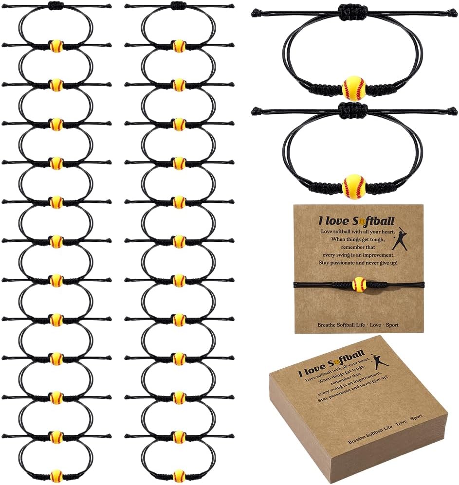 60 Sets Sports Charm Bracelets, Adjustable Sports Party Favors Charm Bracelets Baseball Bracelets with Inspirational Cards for Sports Party Favor Team Group Player Gifts