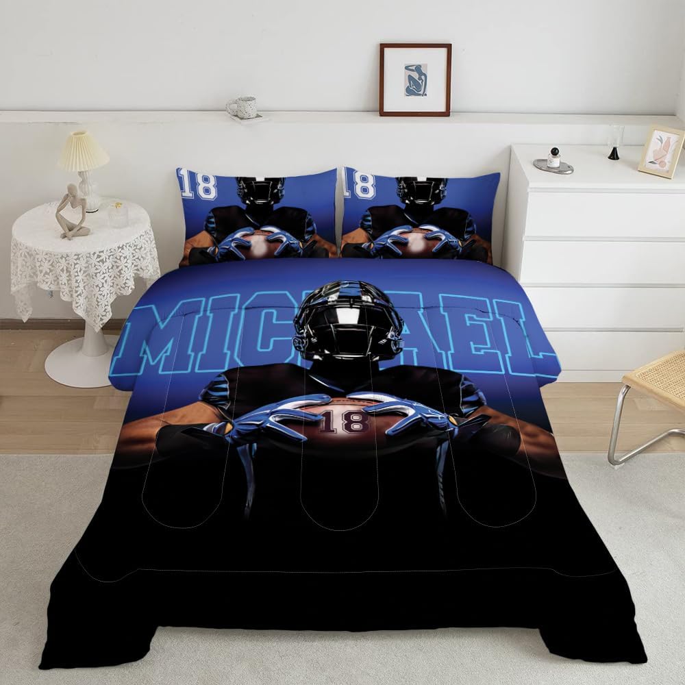 Custom Cool Dark Blue Football Player Art Comforter Set Queen King Twin Full, Football Bedding for Bed Rugby Ball Quilt Blanket for Bed Microfiber Lightweight Softs Sports Bedding