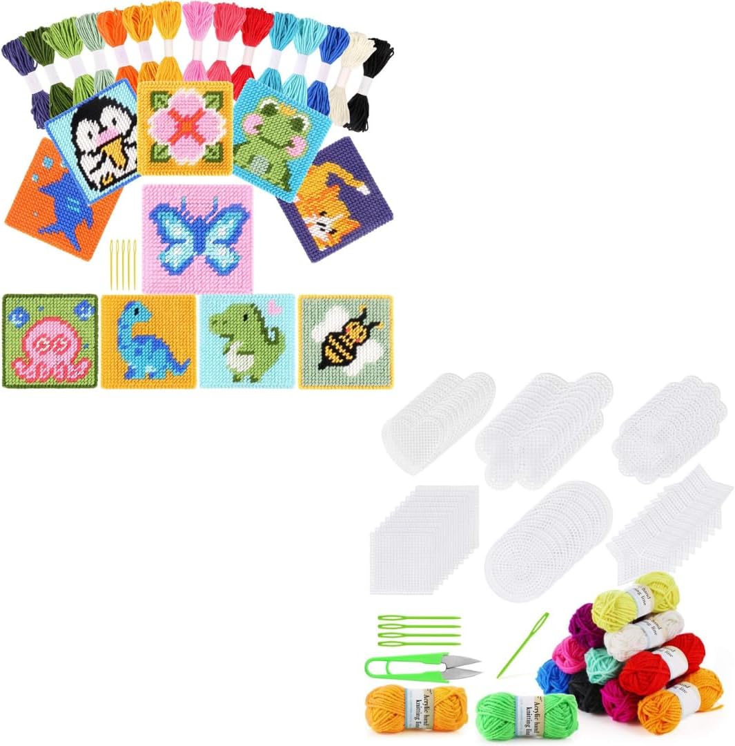 Pllieay 10-in-1 Cross Stitch Beginner Kit for Kids, 60 Pieces Mesh Plastic Canvas Kit, Embroidery Kit for Needle Craft and Crochet Projects