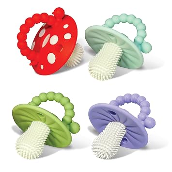 RaZbaby Soft Silicone Infant & Baby 3M+ Teether Toy Massaging Bristles Teething Relief Pacifier - Soothes Sore Gums - Hands-Free & Easy-to-Hold Chompy Teether, BPA Free Lavender/Green/RED/Blue