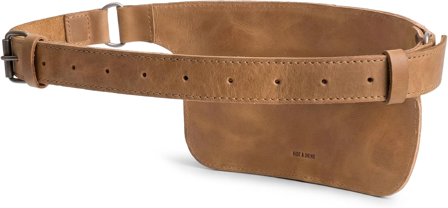 Hide & Drink, Rectangular Fanny Pack, Narrow Waist Bag with Adjustable Strap, Phone Holder, Cable Case, Accessories, Full Grain Leather, Handmade, Single Malt Mahogany