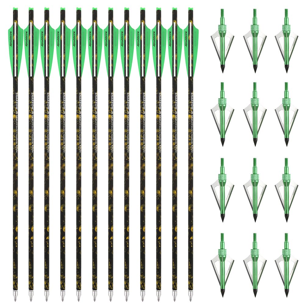 SHARROW Archery Carbon Crossbow Bolts Arrows 16 17 18 20 22 Inch Carbon Arrows Camo Shafts with 4" Feathers for Crossbow Hunting Shooting (Type 2:Green, 17")