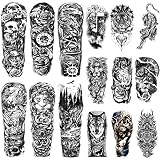 15Sheets Men's Temporary Tattoo Sticker Full Arm(18.9x6.7 inch) Half Sleeve(8.3x4.5 inch) Wolf Tiger