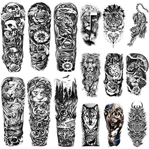 15Sheets Men's Temporary Tattoo Sticker Full Arm(18.9X6.7 Inch) Half Sleeve(8.3X4.5 Inch) Wolf Tiger Lion Beast Pattern #TOP10