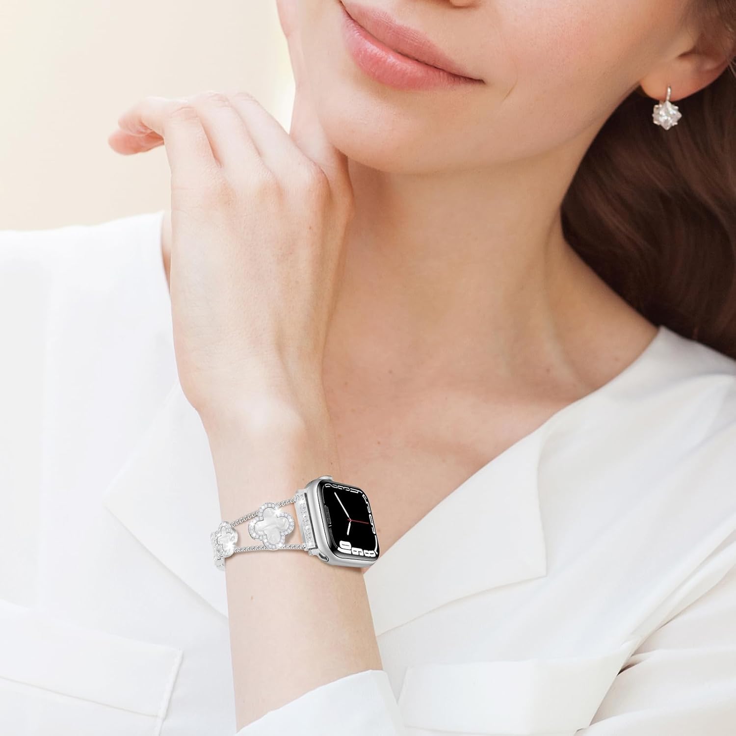 Tasikar Bling Diamond Women Band Compatible with Apple Watch Band 49mm 46mm 45mm 44mm 42mm 41mm 40mm 38mm Ultra SE Series 11 10 9 8 7 6 5 4 3 2 1 Lucky Clover Dressy Replacement Bracelet (Silver) - Image 7